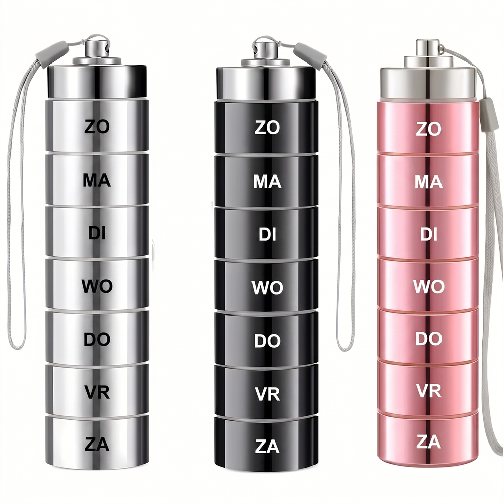 CalmVault metalen weekpil-organizer zilver zwart roze met Nederlandse dagafkortingen