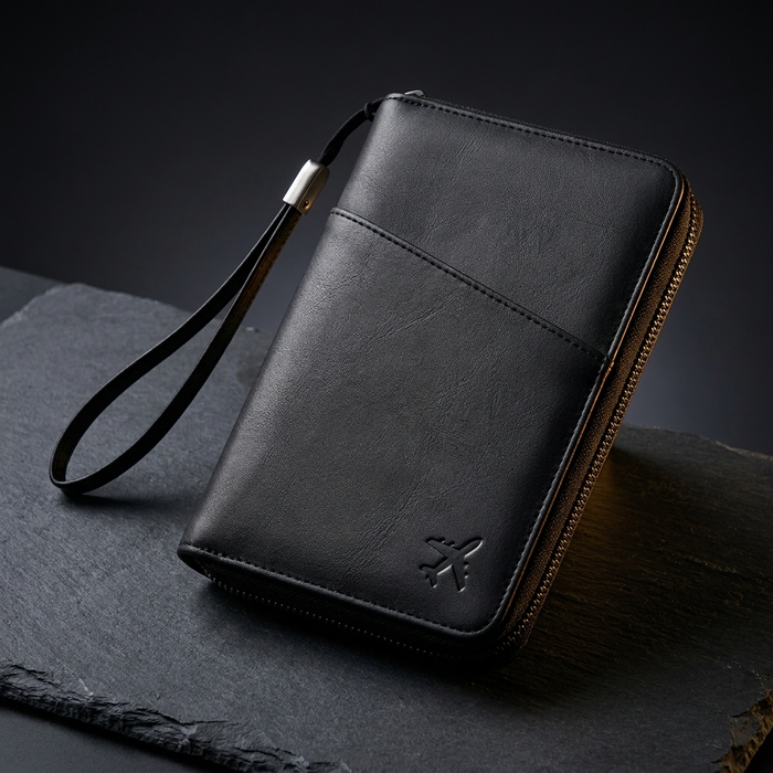 PassVault - Premium hero, matte zwart leer op leisteen