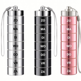 CalmVault metalen weekpil-organizer zilver zwart roze met Nederlandse dagafkortingen