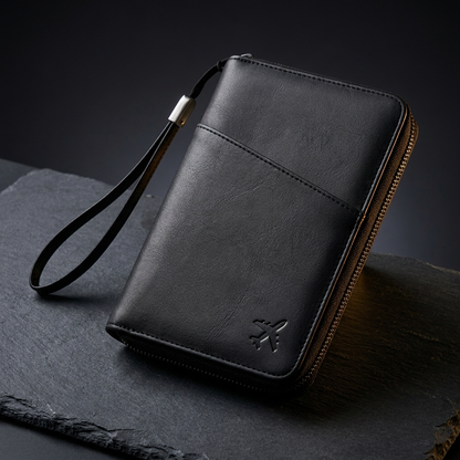 PassVault - Premium hero, matte zwart leer op leisteen