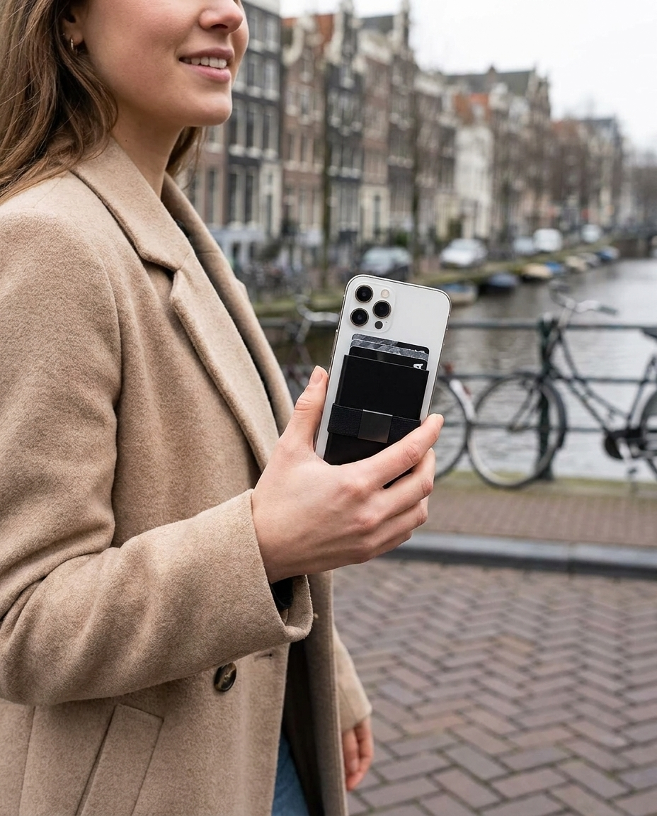 Onderweg in de stad, op de achterkant van je telefoon