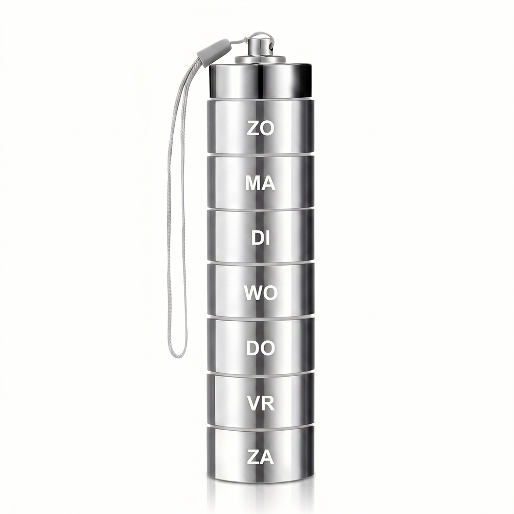 CalmVault metalen weekpil-organizer zilver met Nederlandse dagafkortingen