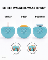 Silkvault gebruiksstappen: spray, zeep en scheren met draai-knop